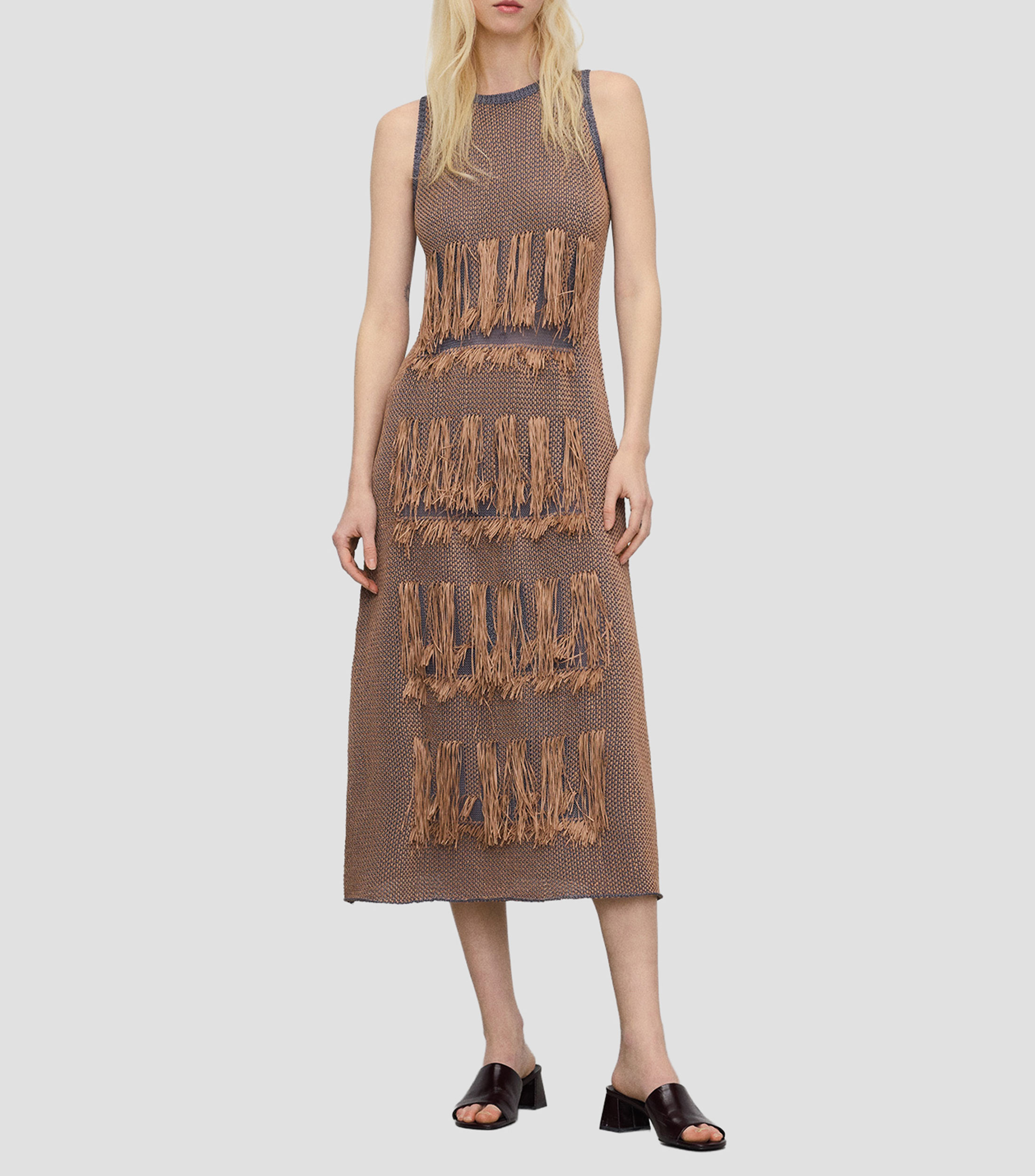 Vestido midi jacquard sólido Mujer